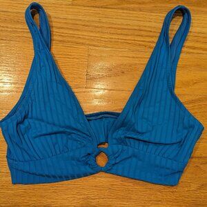 Aerie Wide Rib Longline Plunge Ring Bikini Top, Large, Blue